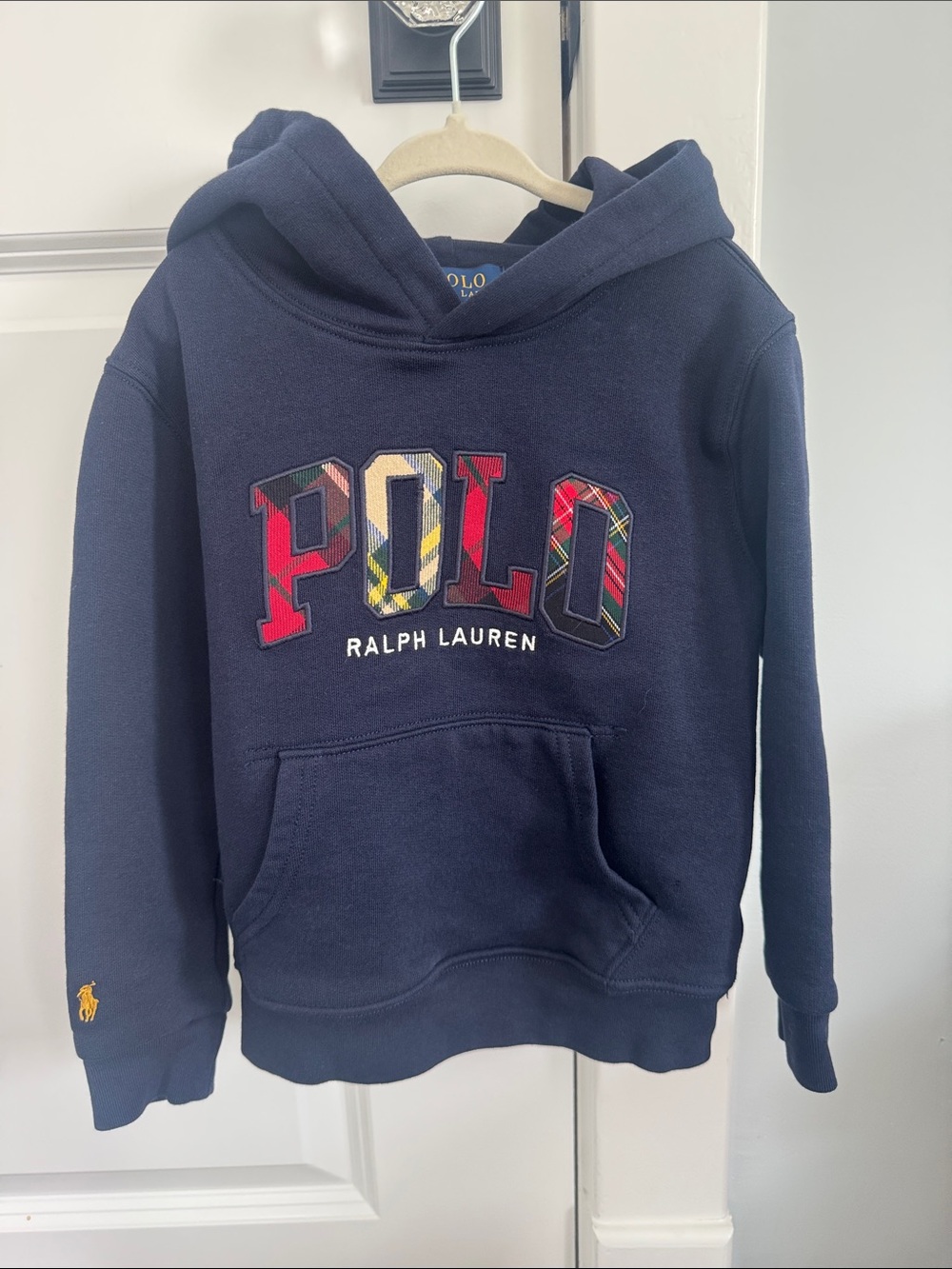 Kids Polo by Ralph Lauren Navy Hoodie with Plaid Lettering